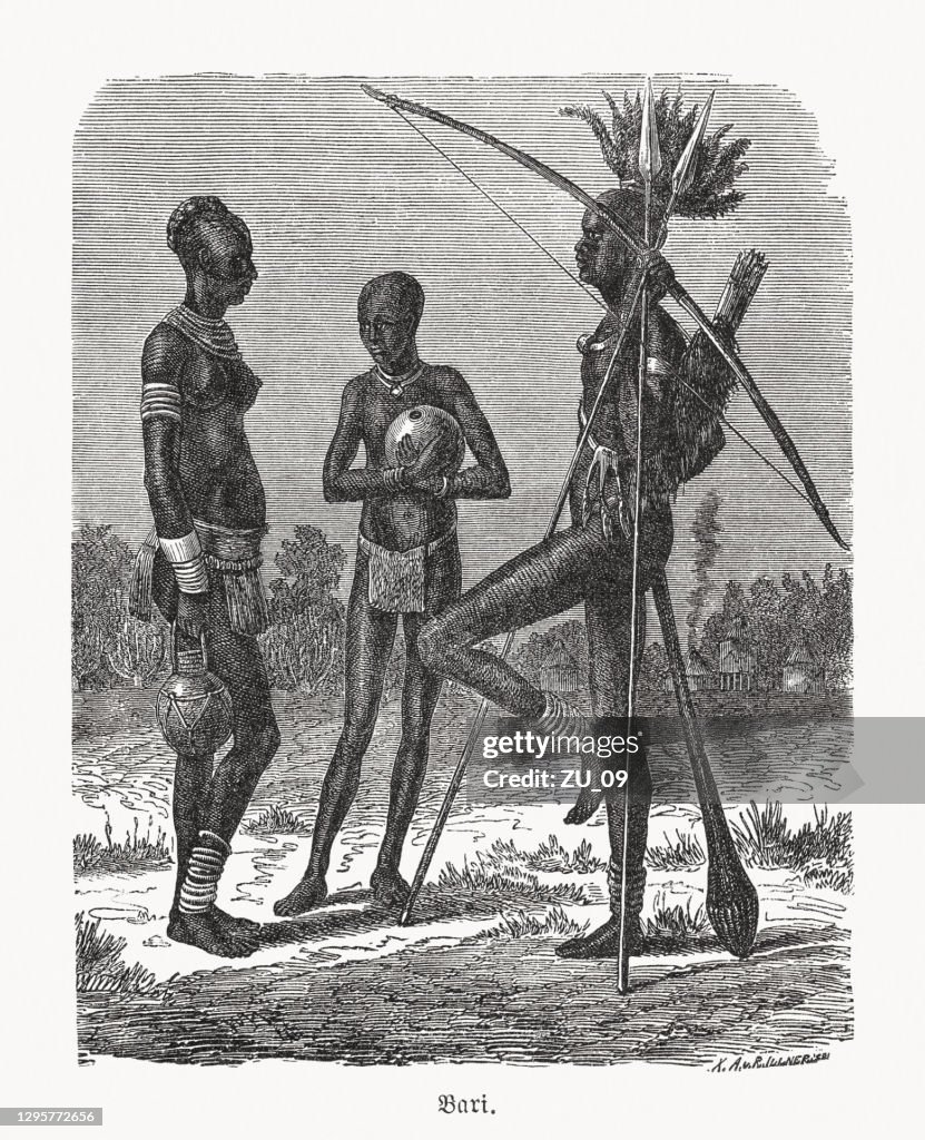 Bari people in South Sudan, wood engraving, published in 1893