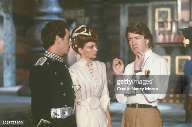 American actor Dean Stockwell, british actress Francesca Annis and David Lynch on the set of "Dune".