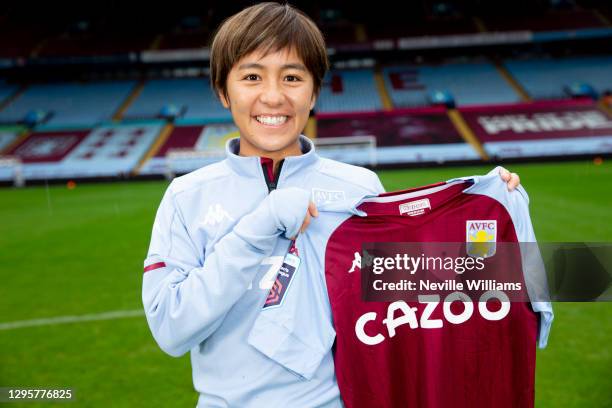 New signing Mana Iwabuchi of Aston Villa women's team poses for a picture at Villa Park on January 06, 2021 in Birmingham, England.