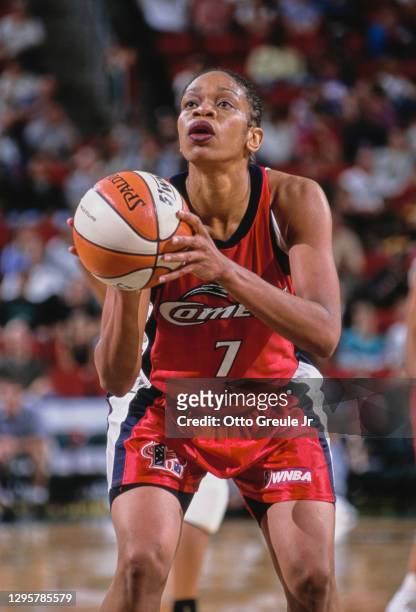Tina Thompson, Forward for the Houston Comets prepares to make a free throw during the WNBA Western Conference basketball game against the Seattle...