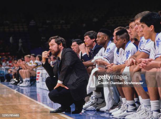 Carlesimo, Head Coach for the Seton Hall University Pirates looks on from the side line during the NCAA Big Ten Conference basketball game against...