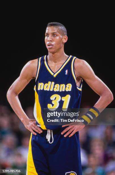 Reggie Miller, Shooting Guard for the Indiana Pacers during the NBA Midwest Division basketball game against the Denver Nuggets on 17th March 1991 at...