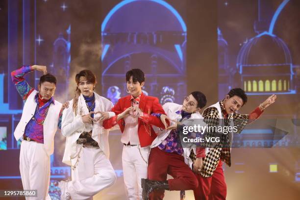 Actor Yin Xiaotian, singer/actor Jiro Wang, actor Alan Yu Menglong, singer Hu Xia and actor Yin Xiaotian attend taping of variety show 'Shine! Super...