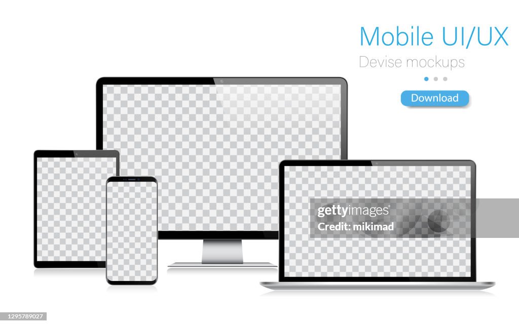 Realista Vector Mockup Tableta Digital, Teléfono Móvil, Teléfono Inteligente, Portátil y Monitor de Computadora. Diseño UI / UX. Ilustración vectorial, diseño digital moderno, plantilla digital. Ilustración de stock. EPS 10.