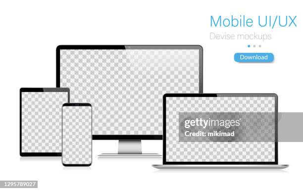 現実的なベクトルモックアップデジタルタブレット、携帯電話、スマートフォン、ラップトップ、コンピュータモニター。ui /uxデザイン。ベクトルイラスト、現代のデジタル工夫、デジタル� - pc点のイラスト素材／クリップアート素材／マンガ素材／アイコン素材