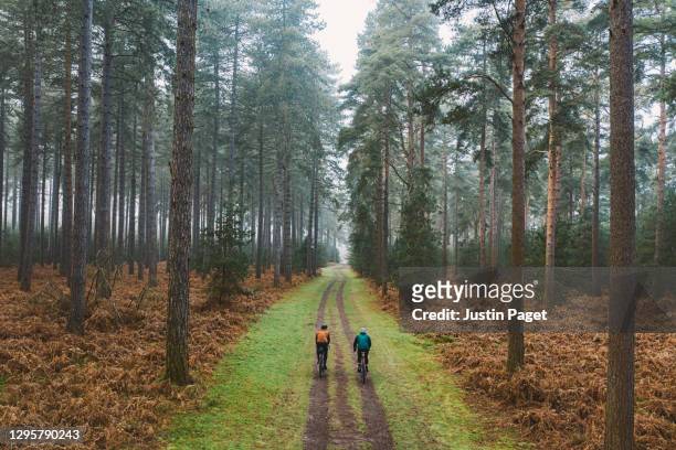 drone view of two cyclists on forest track - naturwald stock-fotos und bilder