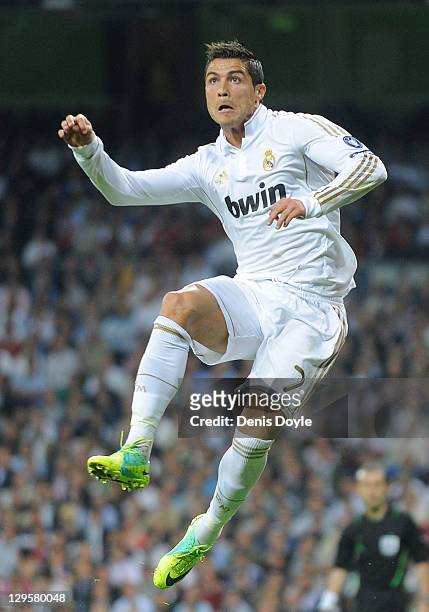 Cristiano Ronaldo of Real Madrid in action during the UEFA Champions League Group D match between Real Madrid CF and Olympique Lyonnais at Estadio...