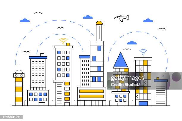 cityscape line illustration - financial district stock illustrations