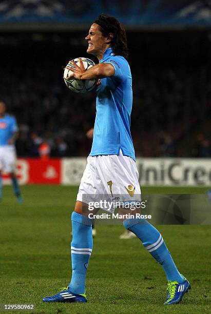 Edison Cavani of Naples reacts during the UEFA Champions League group A match between SSC Napoli and FC Bayern Muenchen at Stadio San Paolo on...