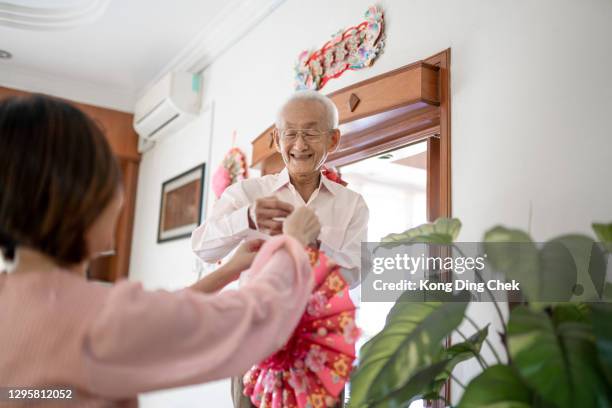 asian chinese senior men decorating for tet celebration with his daughter - tet stock pictures, royalty-free photos & images