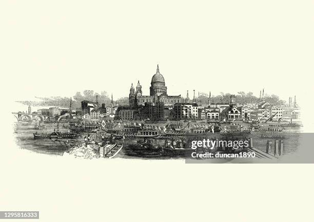 viktorianische londoner skyline, st. paul es cathedral, lastkähne an der themse, 1850er jahre - central london stock-grafiken, -clipart, -cartoons und -symbole