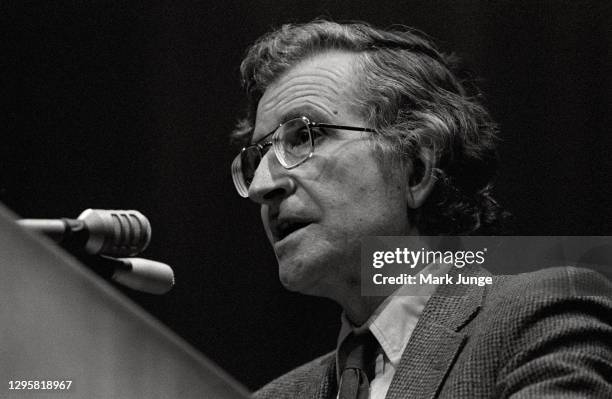 Noam Chomsky lectures on “fifty reasons why we live in a totalitarian society” at the University of Wyoming Arts & Sciences Auditorium on February...