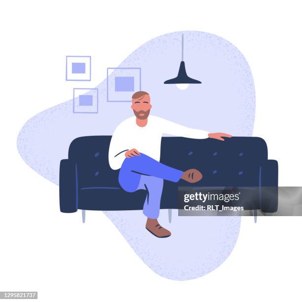 bildbanksillustrationer, clip art samt tecknat material och ikoner med illustration av ledig ung man sittande på snygg soffa - unga män