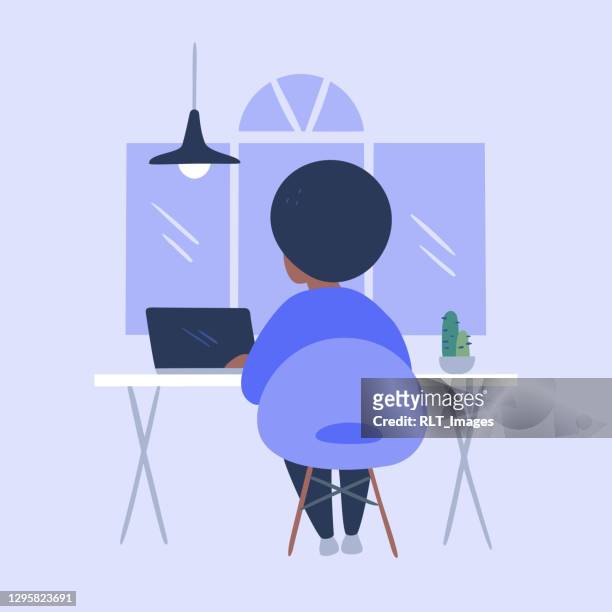 ilustrações, clipart, desenhos animados e ícones de ilustração de pessoa trabalhando em escritório moderno arrumado - arrumado
