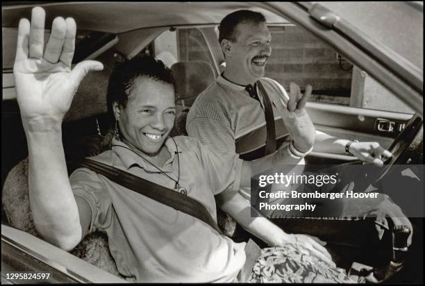 Bailey-Boushay House AIDS patient & former school teacher and nurse Margaret Shephard smiles as she waves from the passenger seat of a car as she is...