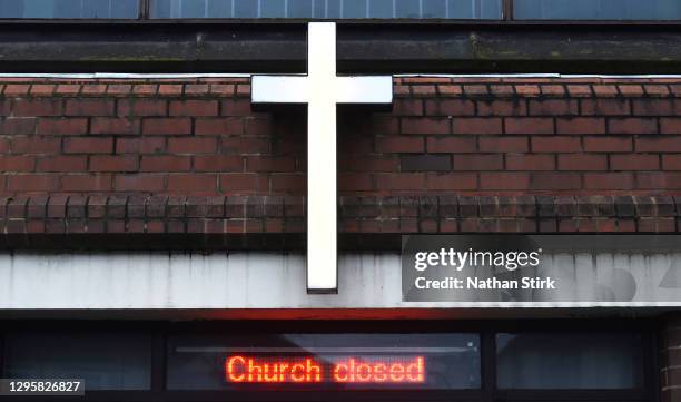 An electronic sign is displayed outside Cross Heath Methodist Church, informing the public that the church is closed on January 11, 2021 in Newcastle...