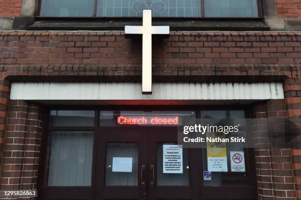 An electronic sign outside Cross Heath Methodist Church informs the public that the church is closed on January 11, 2021 in Newcastle Under Lyme,...