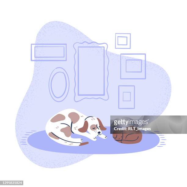 illustration of dog and cat comfortably resting together on rug - living room no people stock illustrations