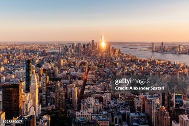 new york city aerial view cityscape at sunset, usa - west village foto e immagini stock