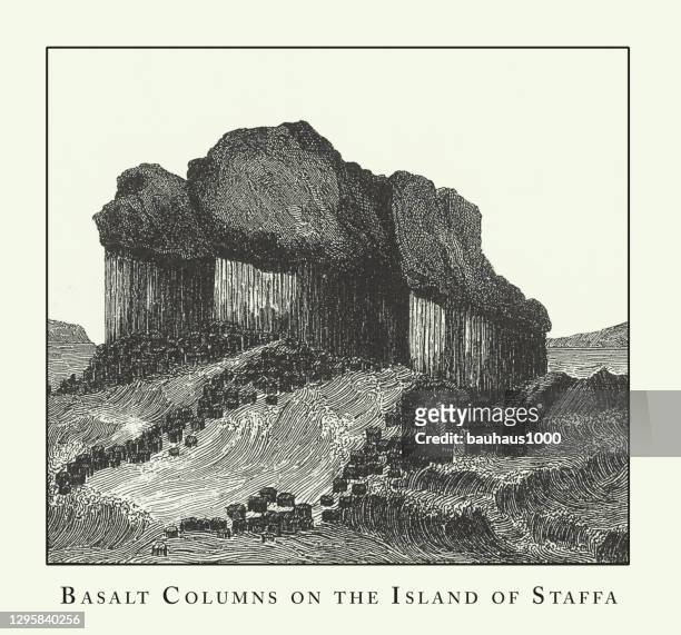 engraved antique, engraved antique, basalt columns on the island of staffa, caves, icebergs, lava and rock formations engraving antique illustration, published 1851 - isle of staffa stock illustrations