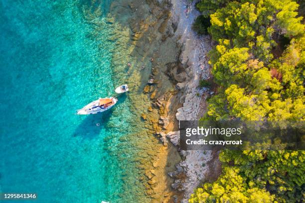 varende boot bij anker naast de rotsachtige kust met een pijnboombos op de achtergrond - croatia coast stockfoto's en -beelden