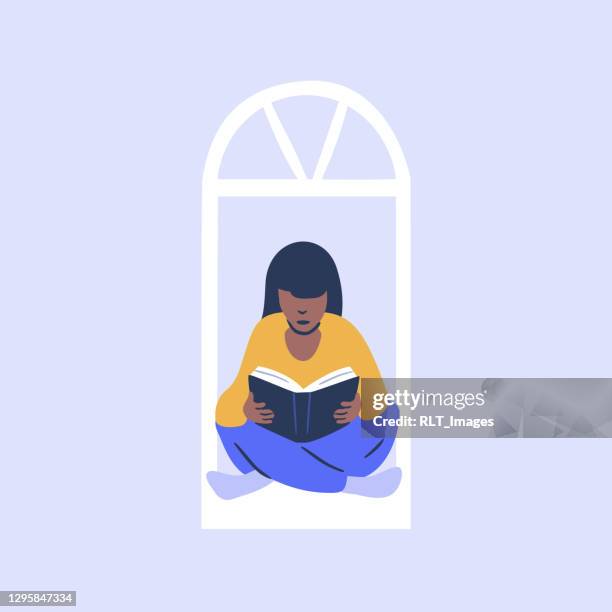 窓枠で本を読む若い女性のイラスト - あぐら点のイラスト素材／クリップアート素材／マンガ素材／アイコン素材