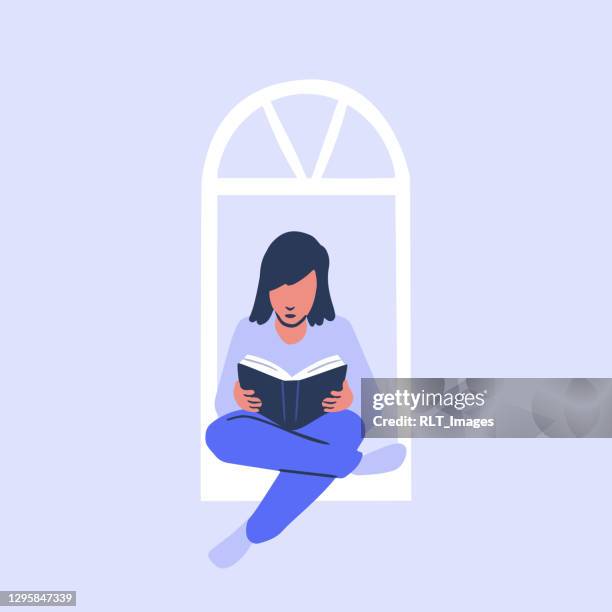 illustration of young woman reading book in window frame - curiosity stock illustrations