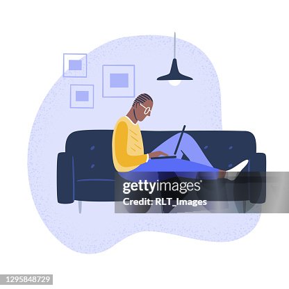 Illustration Of Young Man Using Laptop At Home High-Res Vector Graphic ...