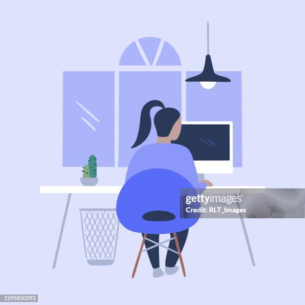 illustration der person, die in ordentlichen modernen büro arbeitet - working at home stock-grafiken, -clipart, -cartoons und -symbole