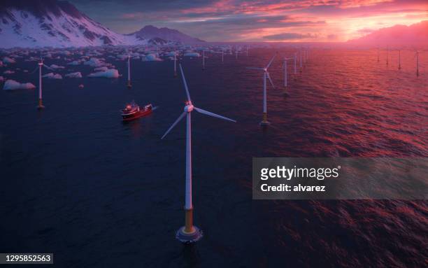 3d het teruggeven van offshore windturbines fabriek - offshore platform stockfoto's en -beelden