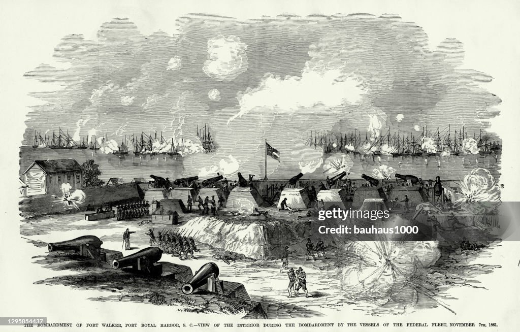 Antique: Bombardment of Fort Walker, Port Royal Harbor, by the Vessels of the Federal Fleet, November 7, 1861 Civil War Engraving