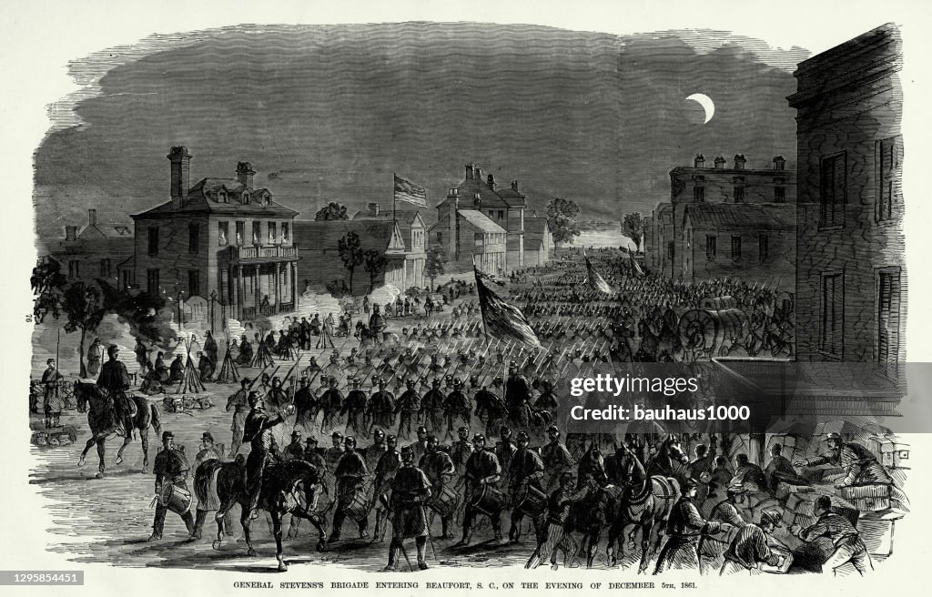 Antique: General Stevens' Brigade Entering Beaufort, South Carolina on the Evening of December 5, 1862 Civil War Engraving