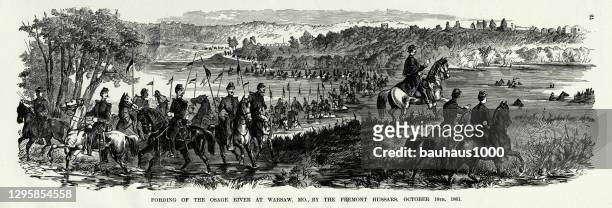 antique: fording of the osage river at warsaw, missouri by the fremont hussars, october 18, 1861 civil war engraving - american civil war flags stock illustrations