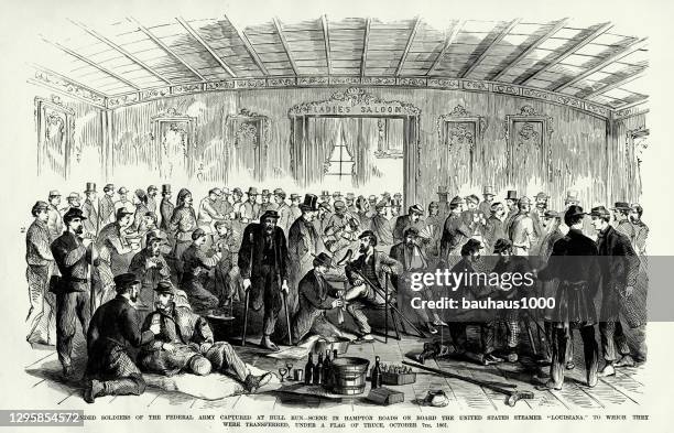 antique: return of wounded soldiers of the federal army captured at bull run to which they were transferred under a flag of truce, october, 7 1861 civil war engraving - regiment stock illustrations