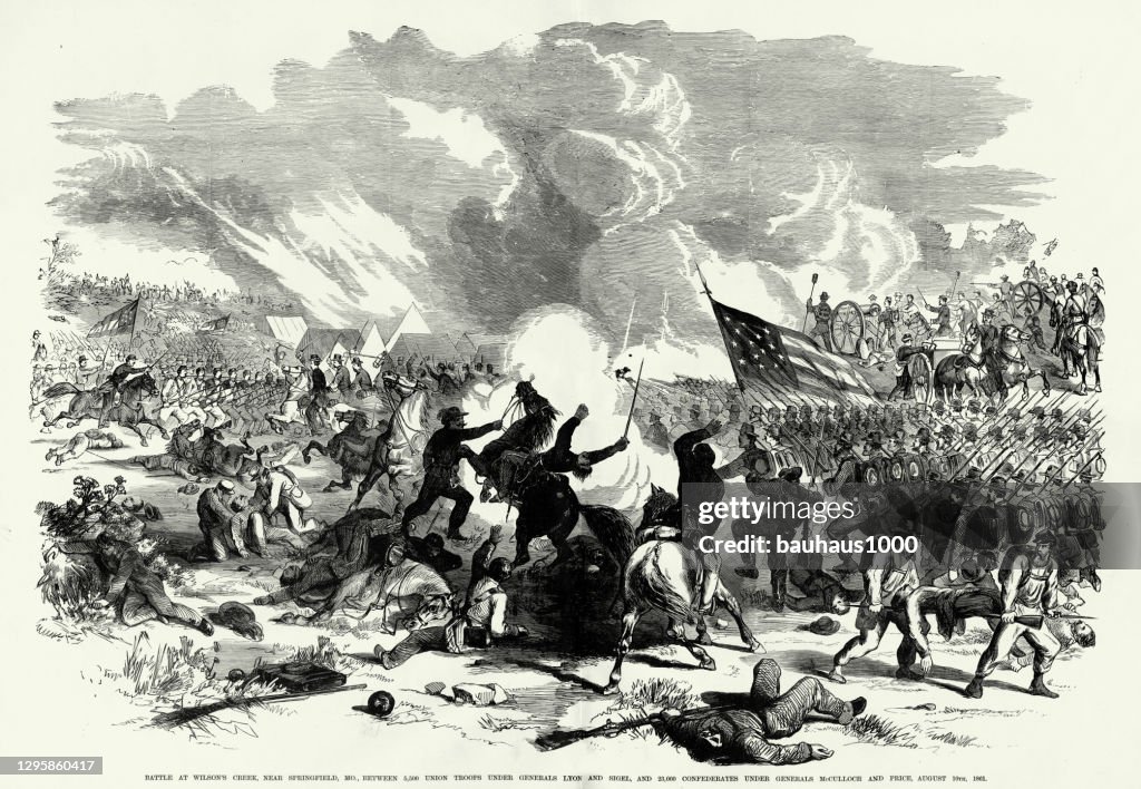 Antik, Schlacht von Wilson es Creek in der Nähe von Springfield, Missouri, 10. August 1861 Bürgerkrieg Gravur