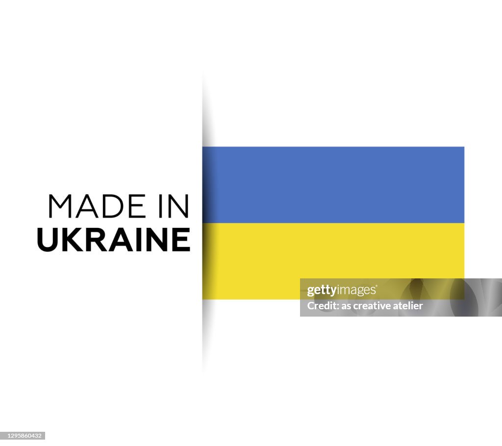 Made in the Ukraine label, product emblem. White isolated background