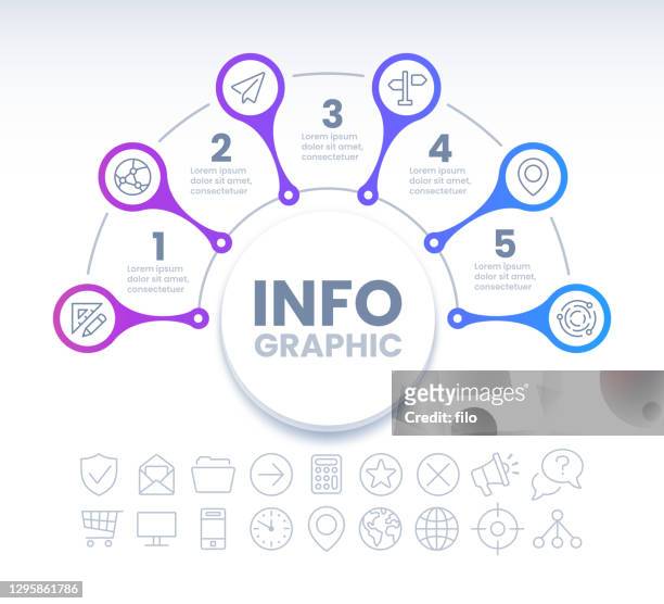curve infografik design - 5 segment infographics vector stock-grafiken, -clipart, -cartoons und -symbole