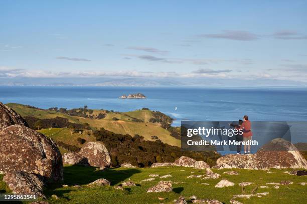 couple enjoying views at stony batter on waiheke island near auckland - waiheke island stock pictures, royalty-free photos & images