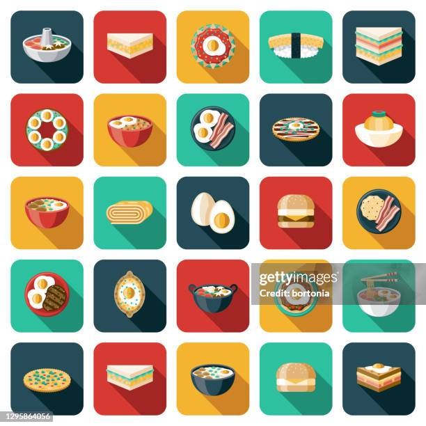 ilustraciones, imágenes clip art, dibujos animados e iconos de stock de conjunto de iconos de platos de huevo - arroz