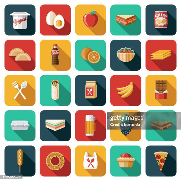 ilustrações, clipart, desenhos animados e ícones de conjunto de ícones da merenda escolar - embalagem de iogurte