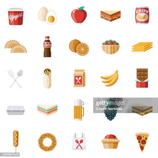 ilustraciones, imágenes clip art, dibujos animados e iconos de stock de conjunto de iconos para el almuerzo escolar - patatas fritas de churrería