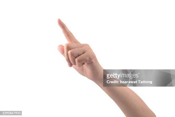 man's hand touching or pointing to something isolated on white background. close up. high resolution. - 人差し指 女性 ストックフォトと画像