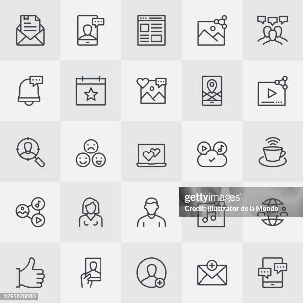 ilustrações de stock, clip art, desenhos animados e ícones de social media communication thin line icons - partilha de ficheiros