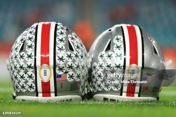 Ohio State Buckeyes helmets are seen prior to the College Football Playoff National Championship game between the Ohio State Buckeyes and the Alabama...