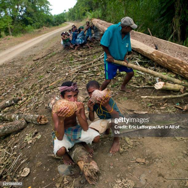 Boys blowing in shells to call people to help making a canoe, Milne Bay Province, Alotau, Papua New Guinea on October 3, 2009 in Alotau, Papua New...