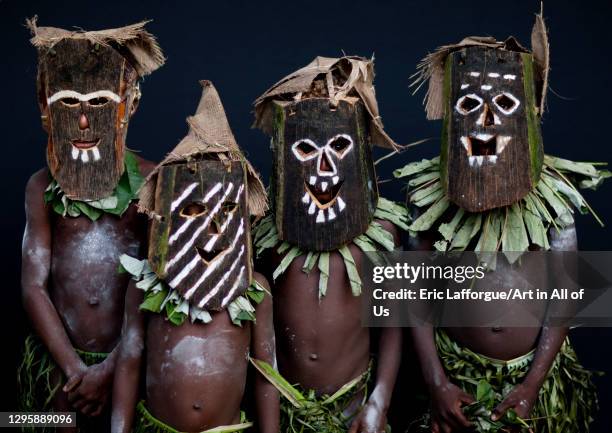 Portrait of boys during Malagan tatuana masks dance, New Ireland Province, Langania, Papua New Guinea on September 27, 2009 in Langania, Papua New...