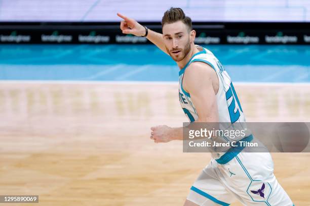 Gordon Hayward of the Charlotte Hornets reacts following a three point basket during the fourth quarter of their game against the New York Knicks at...