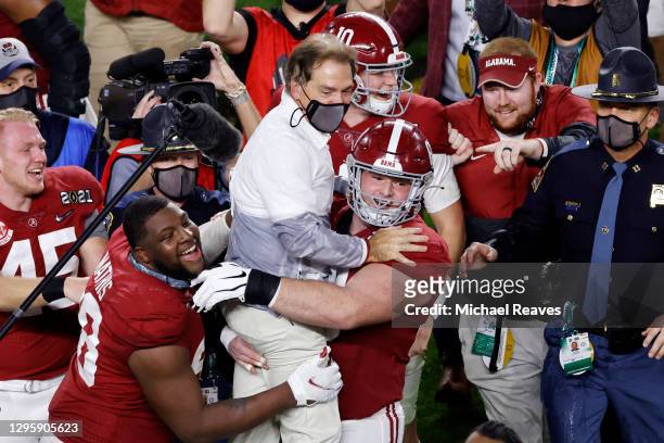 Head coach Nick Saban of the Alabama Crimson Tide celebrates defeating the Ohio State Buckeyes in the College Football Playoff National Championship...