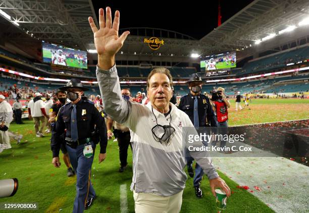 Head coach Nick Saban of the Alabama Crimson Tide gestures to fans following the College Football Playoff National Championship game win over the...