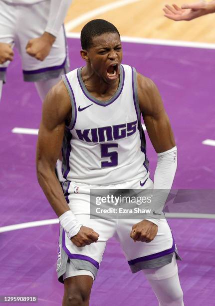 De'Aaron Fox of the Sacramento Kings reacts after he dunked the ball in final minutes of their game against the Indiana Pacers at Golden 1 Center on...